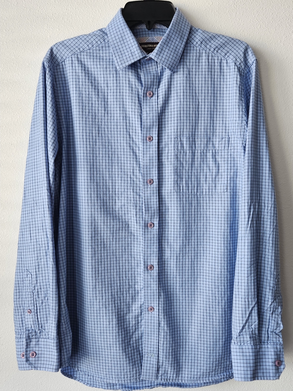 Johnston & Murphy Men's Blue and Black Check, 100% Cotton Button Down, Size M
